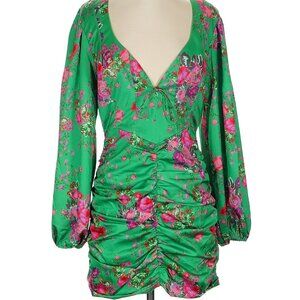 🌸 For Love & Lemons Green Floral Ruched Mini Dress